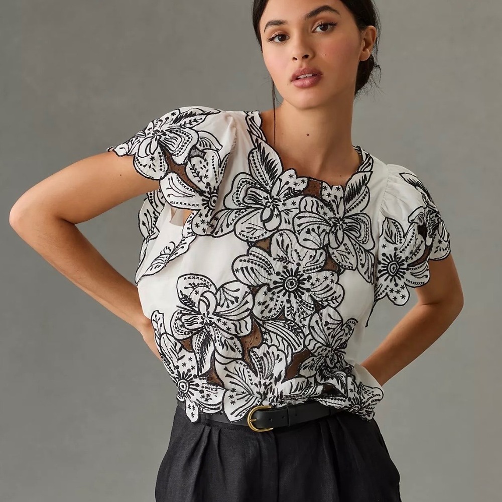 By Anthropologie Short Sleeve Floral Embroidered Mesh Cropped Blouse SZ S